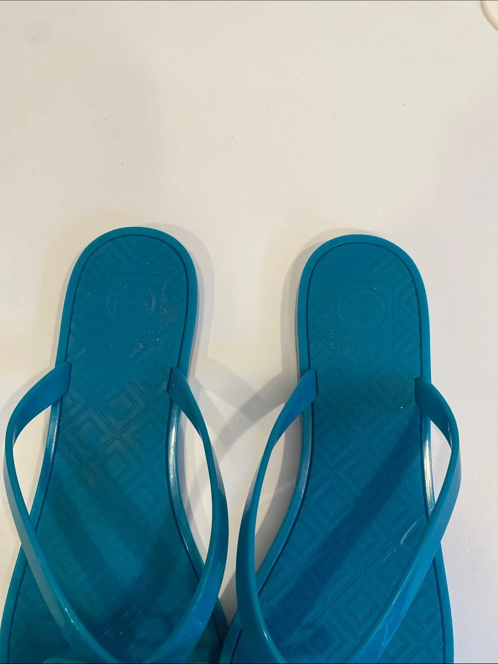 Tory Burch Teal Jelly Bow Flip Flop Sandals with Gold Logo